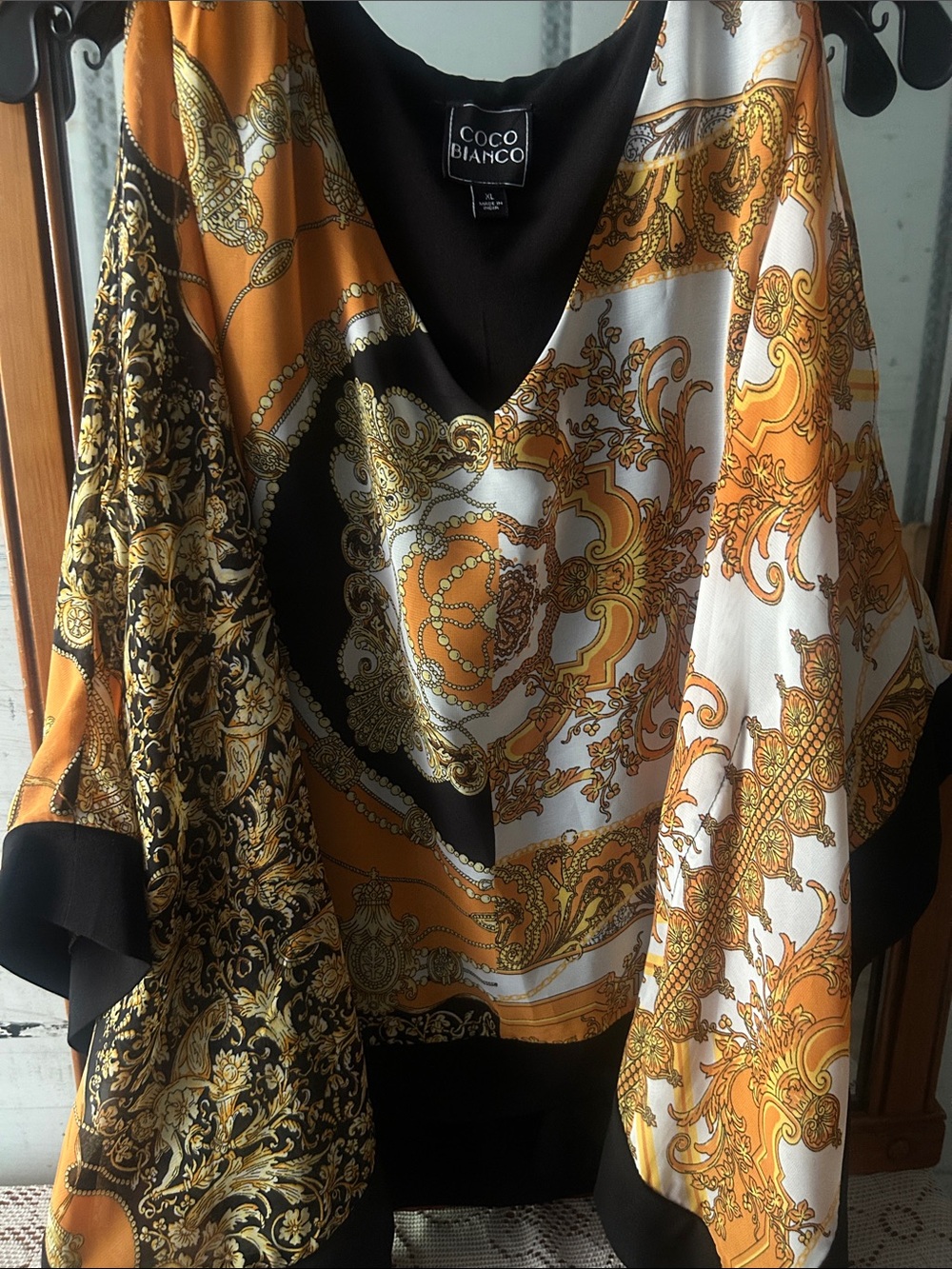 Coco Bianco XL Scarf Print Kimono Blouse Top Orange Black White Boho - Picture 6 of 6